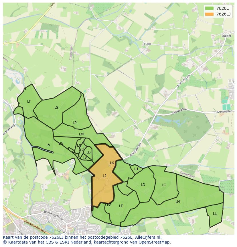 Afbeelding van het postcodegebied 7626 LJ op de kaart.