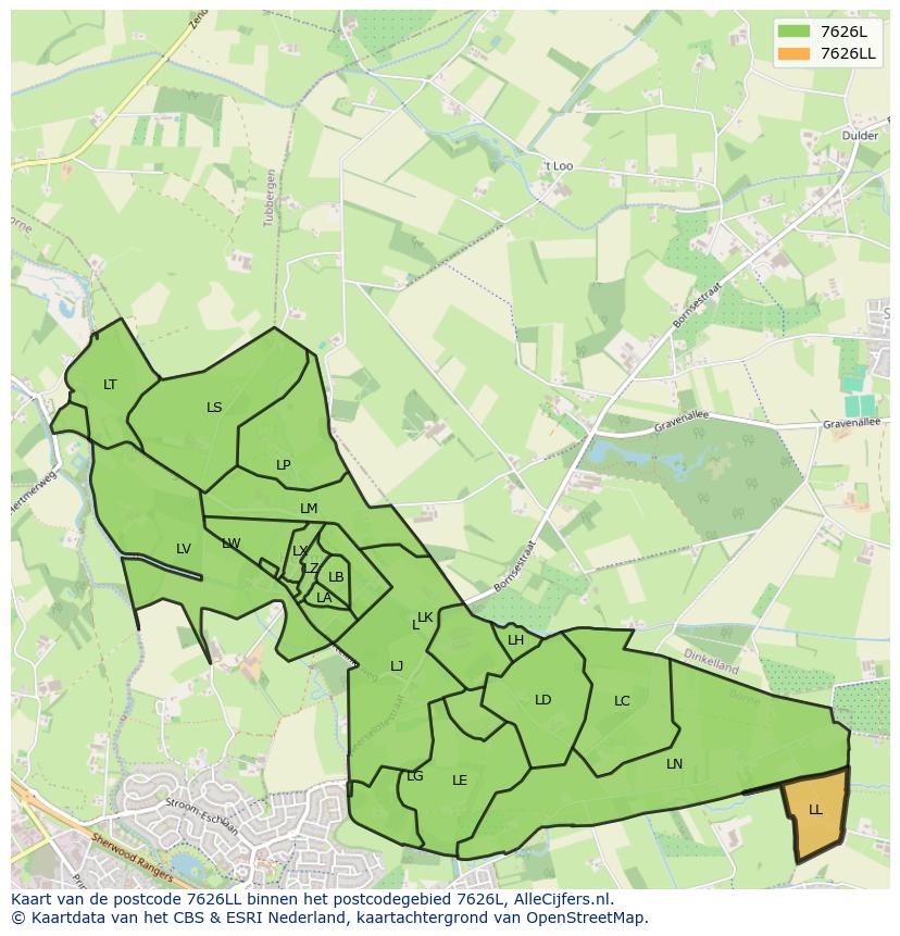 Afbeelding van het postcodegebied 7626 LL op de kaart.