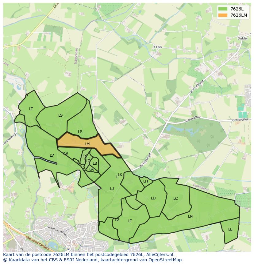 Afbeelding van het postcodegebied 7626 LM op de kaart.