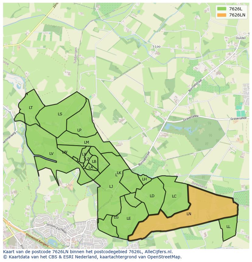 Afbeelding van het postcodegebied 7626 LN op de kaart.