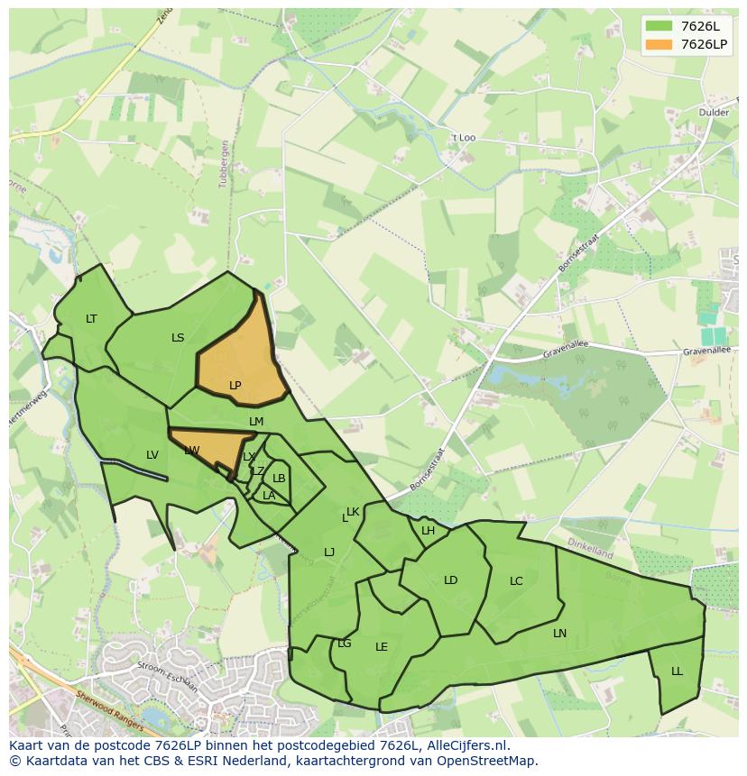 Afbeelding van het postcodegebied 7626 LP op de kaart.