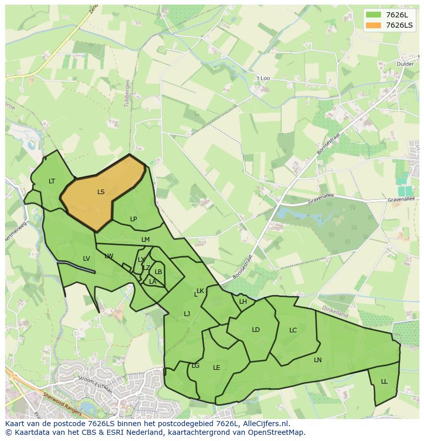 Afbeelding van het postcodegebied 7626 LS op de kaart.