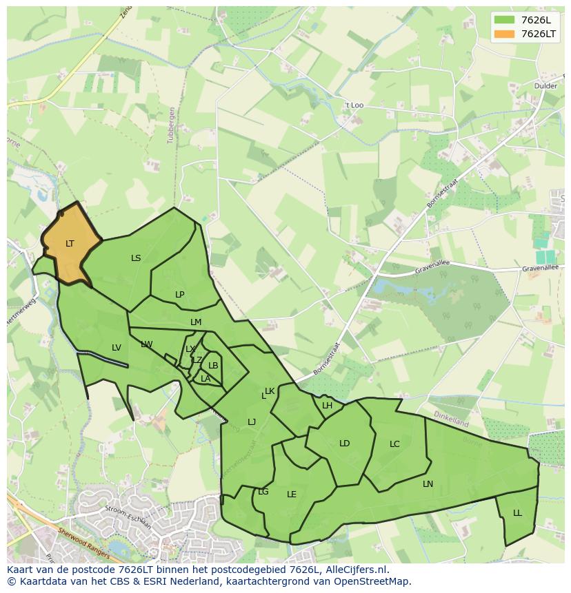 Afbeelding van het postcodegebied 7626 LT op de kaart.
