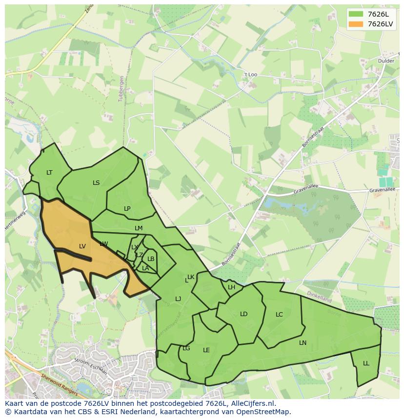 Afbeelding van het postcodegebied 7626 LV op de kaart.