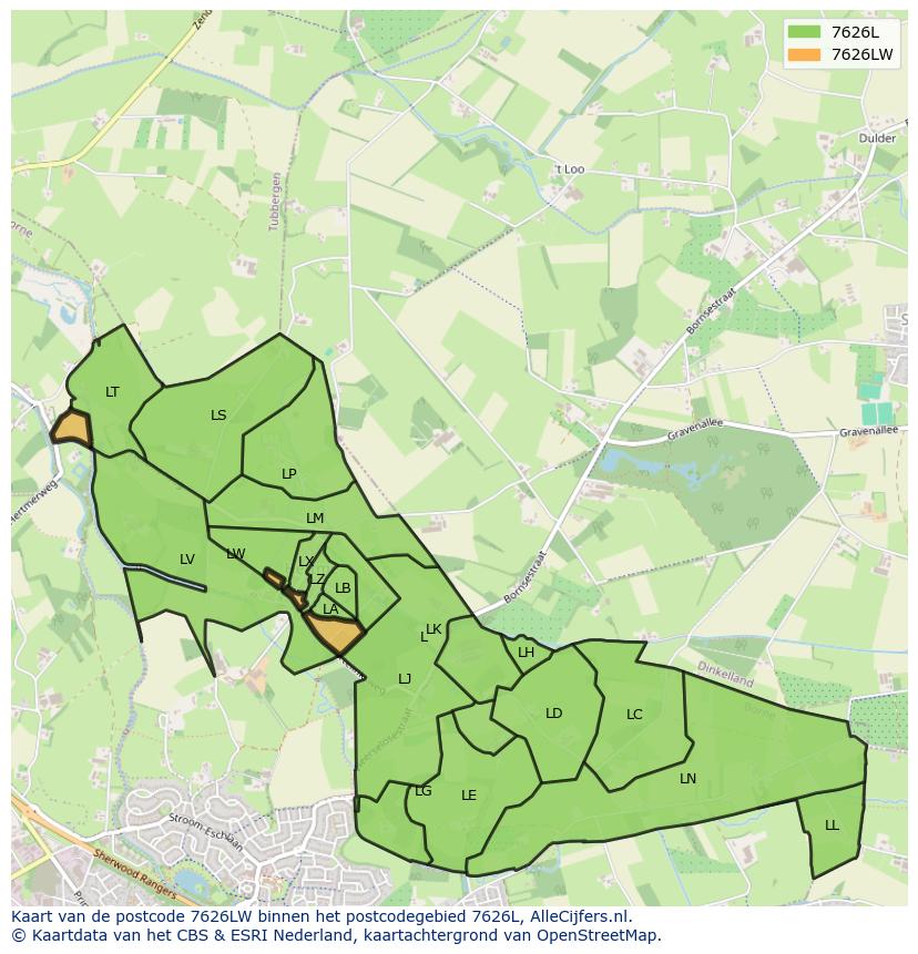 Afbeelding van het postcodegebied 7626 LW op de kaart.