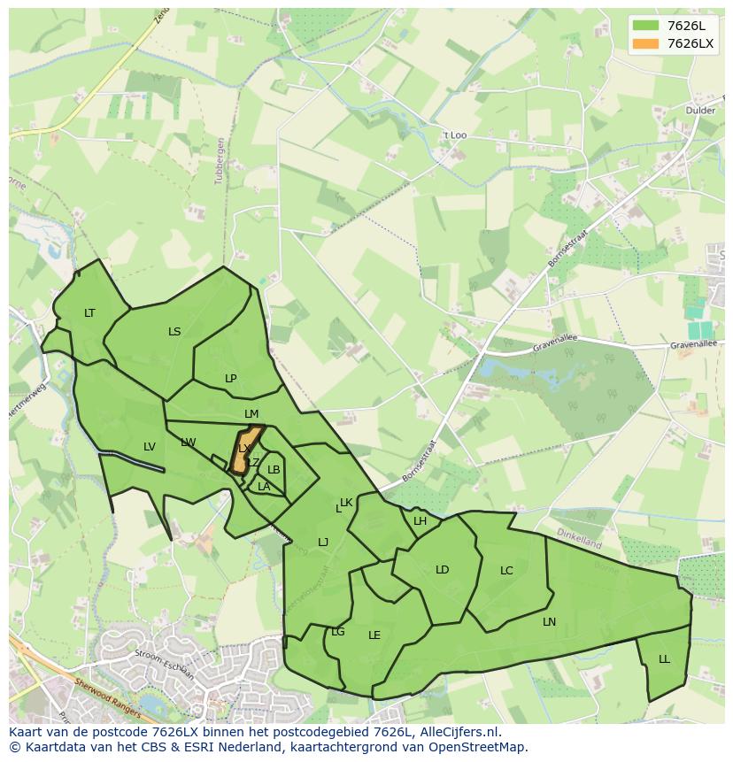Afbeelding van het postcodegebied 7626 LX op de kaart.