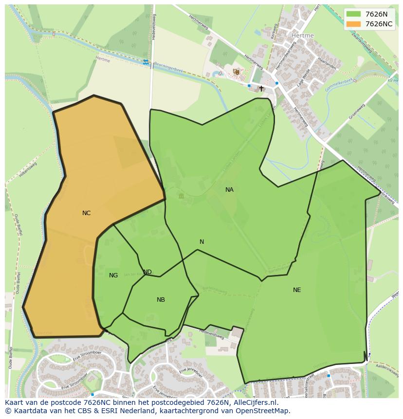 Afbeelding van het postcodegebied 7626 NC op de kaart.