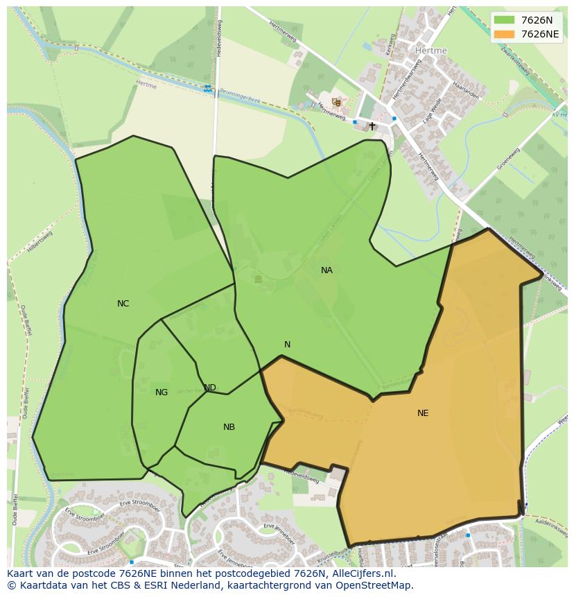 Afbeelding van het postcodegebied 7626 NE op de kaart.