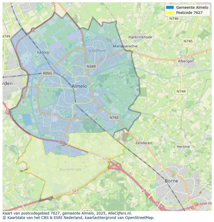 Afbeelding van het postcodegebied 7627 op de kaart.
