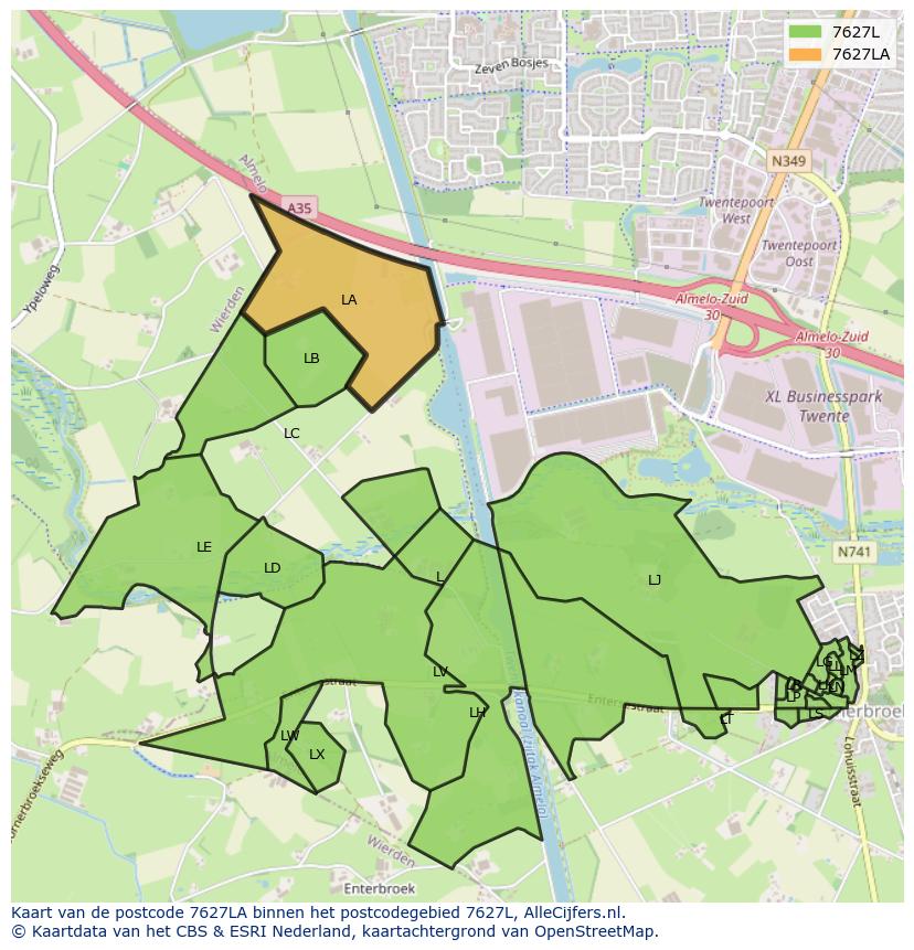 Afbeelding van het postcodegebied 7627 LA op de kaart.