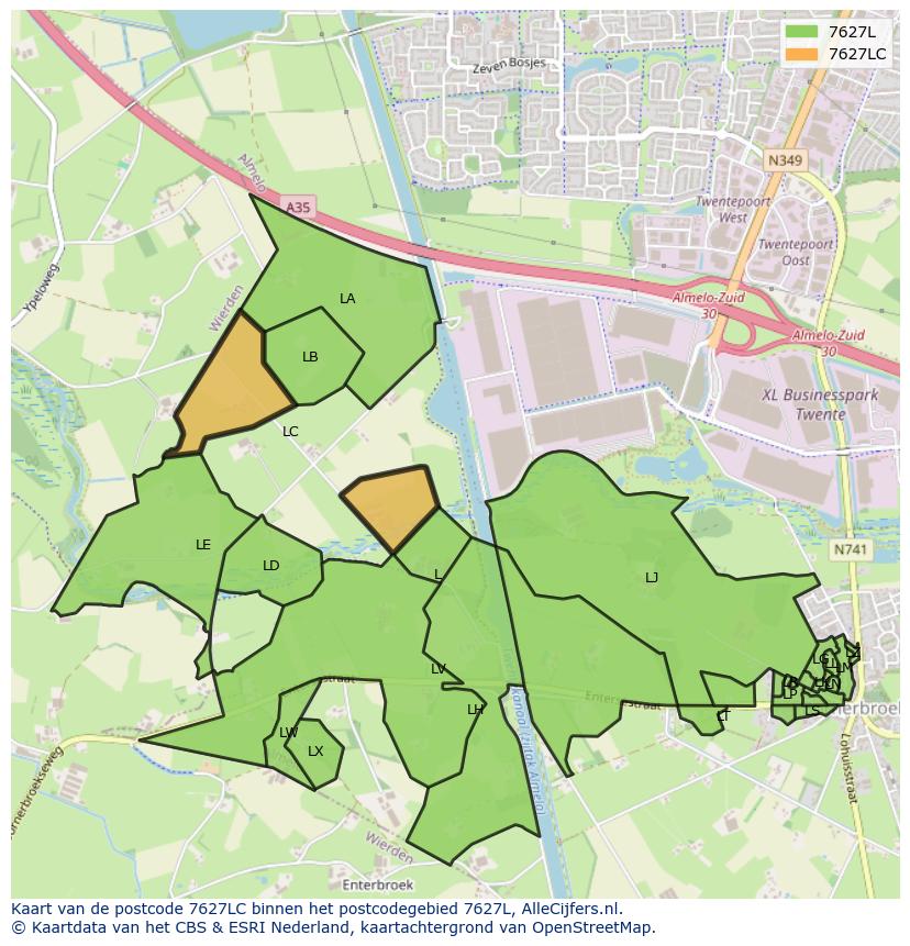 Afbeelding van het postcodegebied 7627 LC op de kaart.