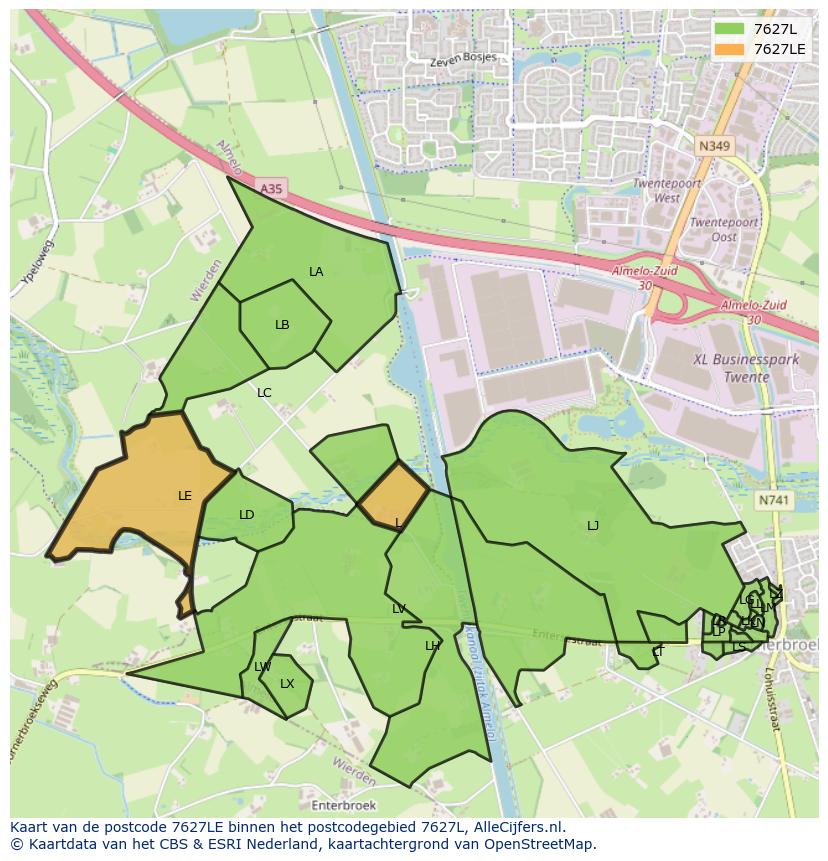 Afbeelding van het postcodegebied 7627 LE op de kaart.