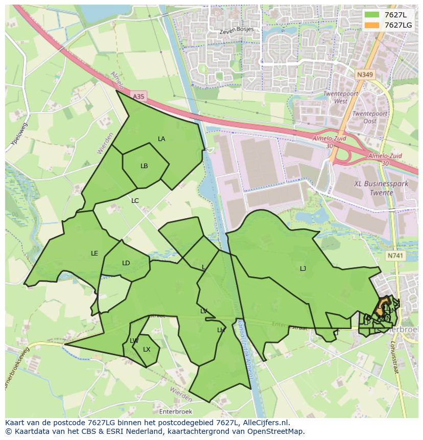 Afbeelding van het postcodegebied 7627 LG op de kaart.