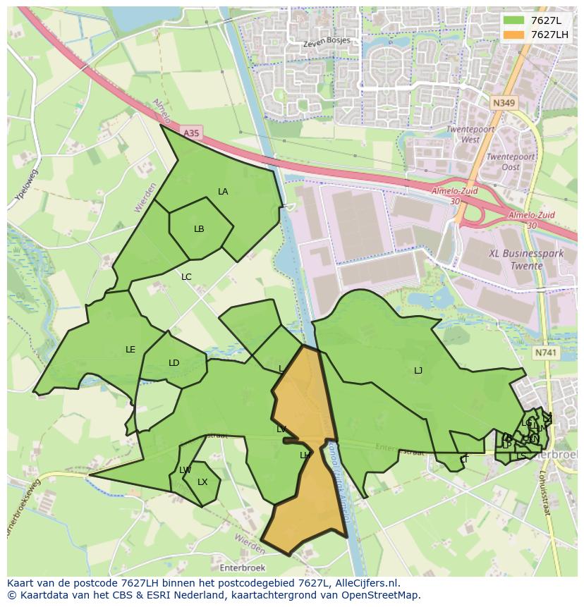 Afbeelding van het postcodegebied 7627 LH op de kaart.