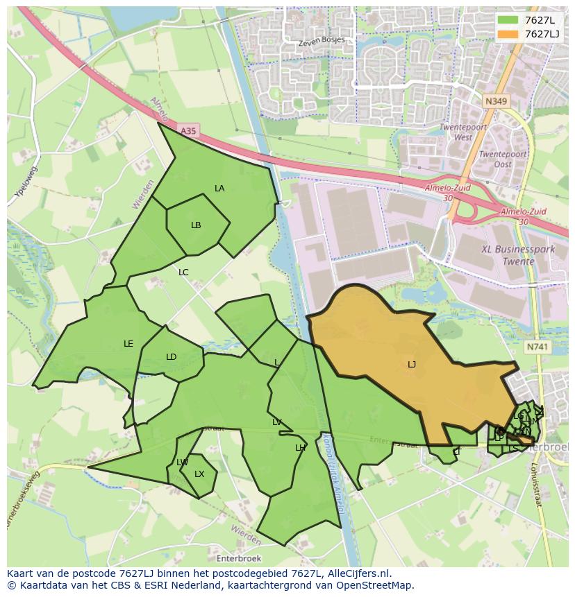 Afbeelding van het postcodegebied 7627 LJ op de kaart.