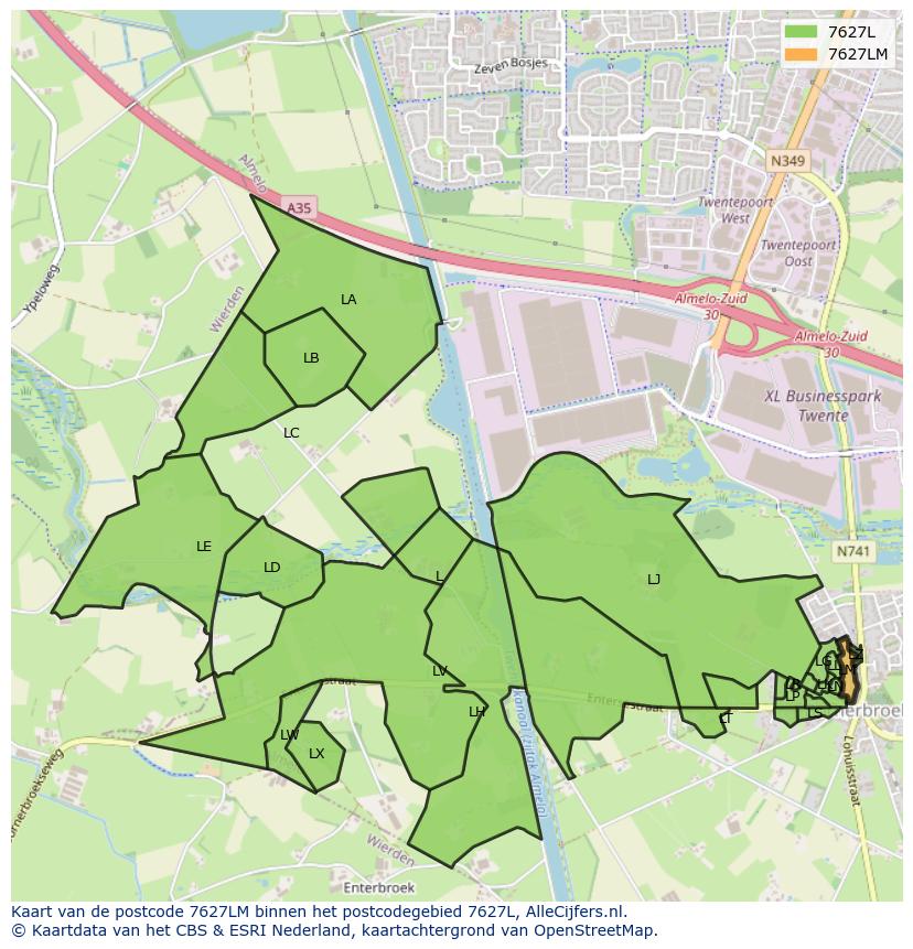 Afbeelding van het postcodegebied 7627 LM op de kaart.