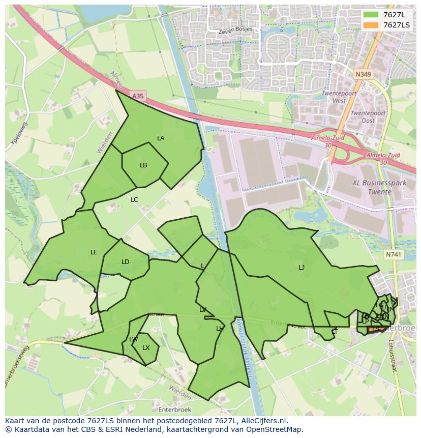 Afbeelding van het postcodegebied 7627 LS op de kaart.