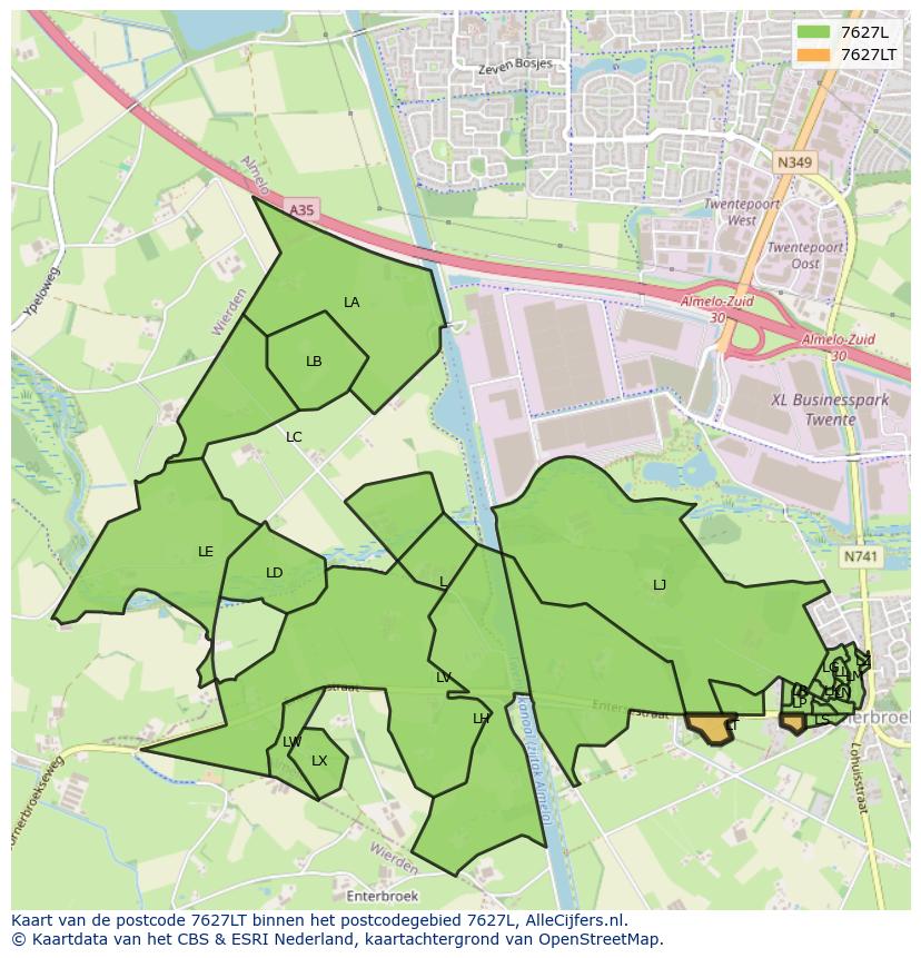 Afbeelding van het postcodegebied 7627 LT op de kaart.