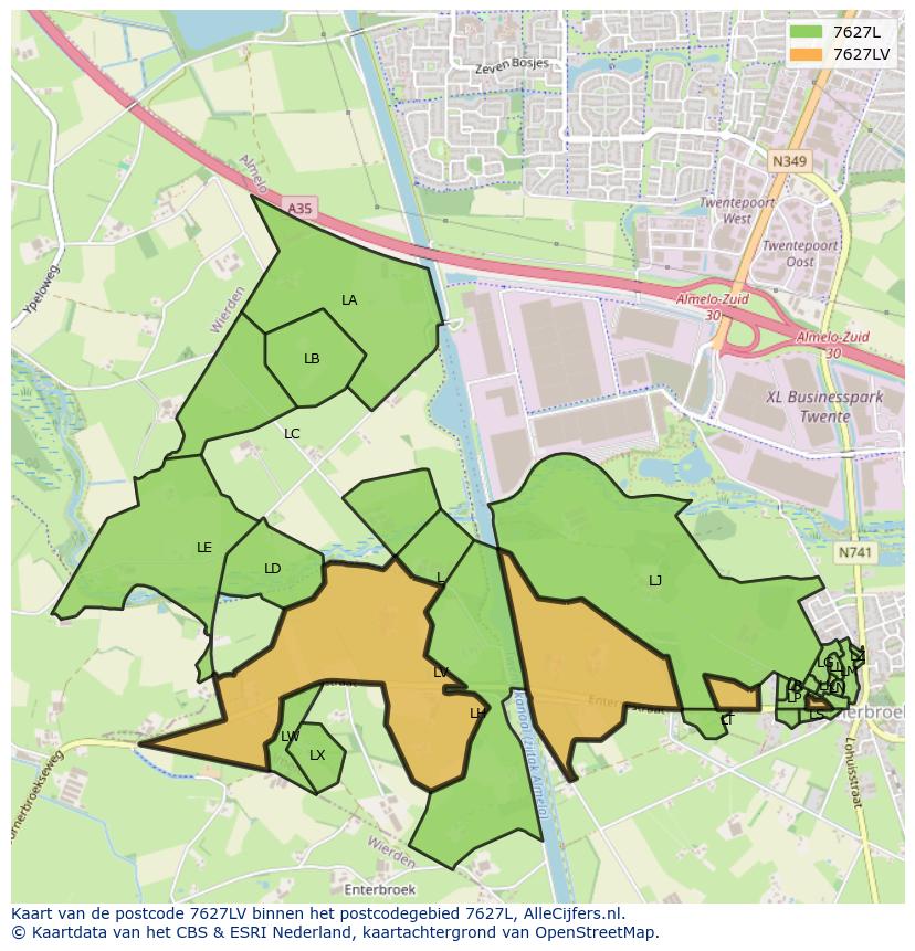 Afbeelding van het postcodegebied 7627 LV op de kaart.