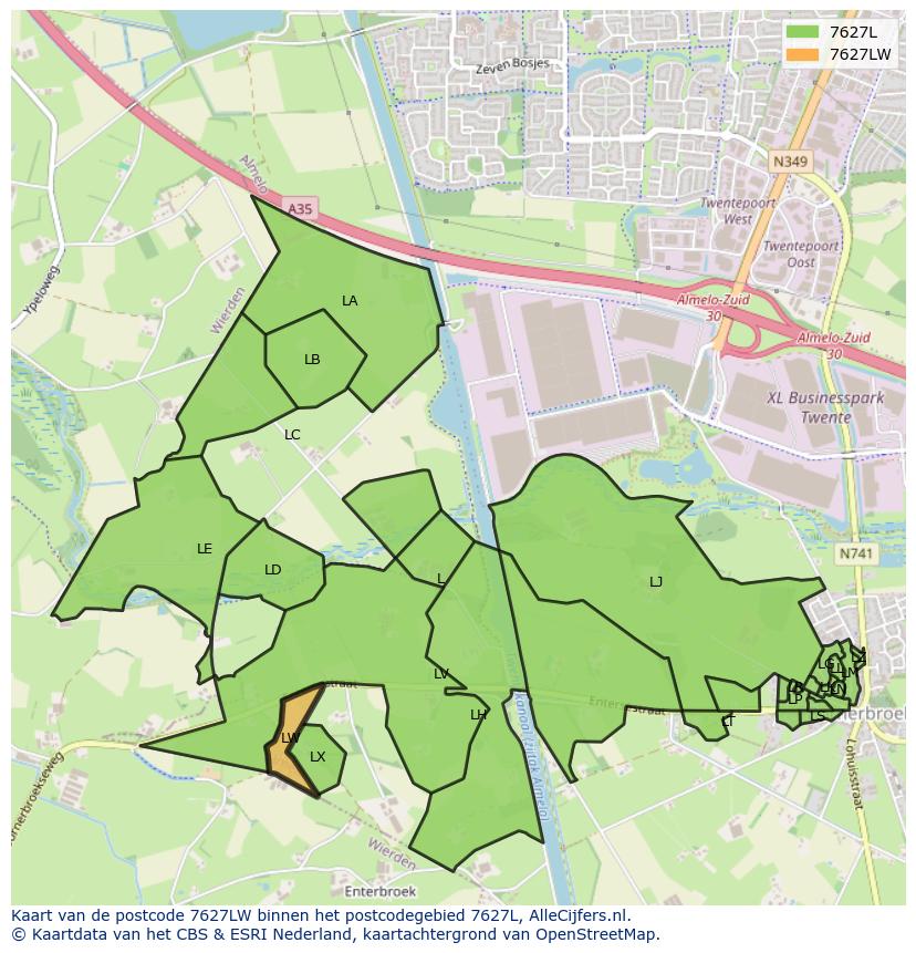 Afbeelding van het postcodegebied 7627 LW op de kaart.