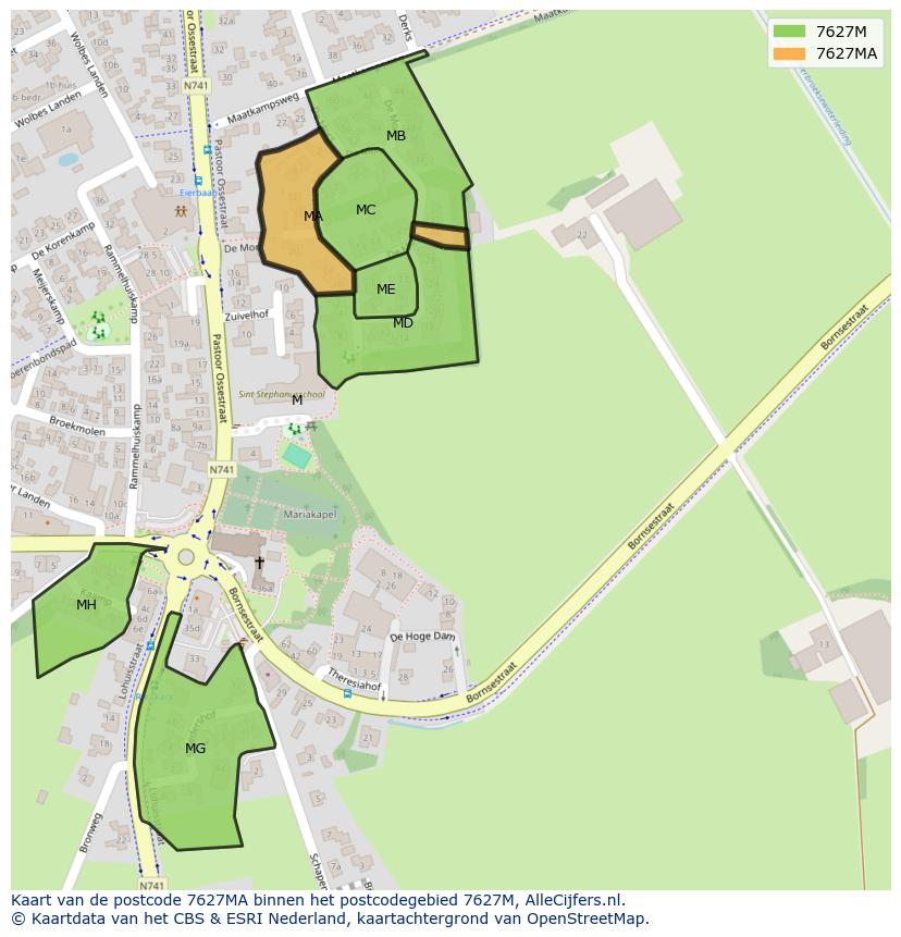 Afbeelding van het postcodegebied 7627 MA op de kaart.