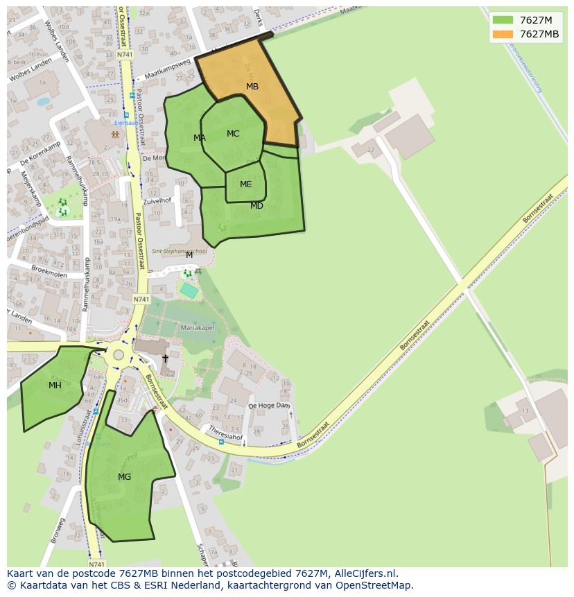 Afbeelding van het postcodegebied 7627 MB op de kaart.