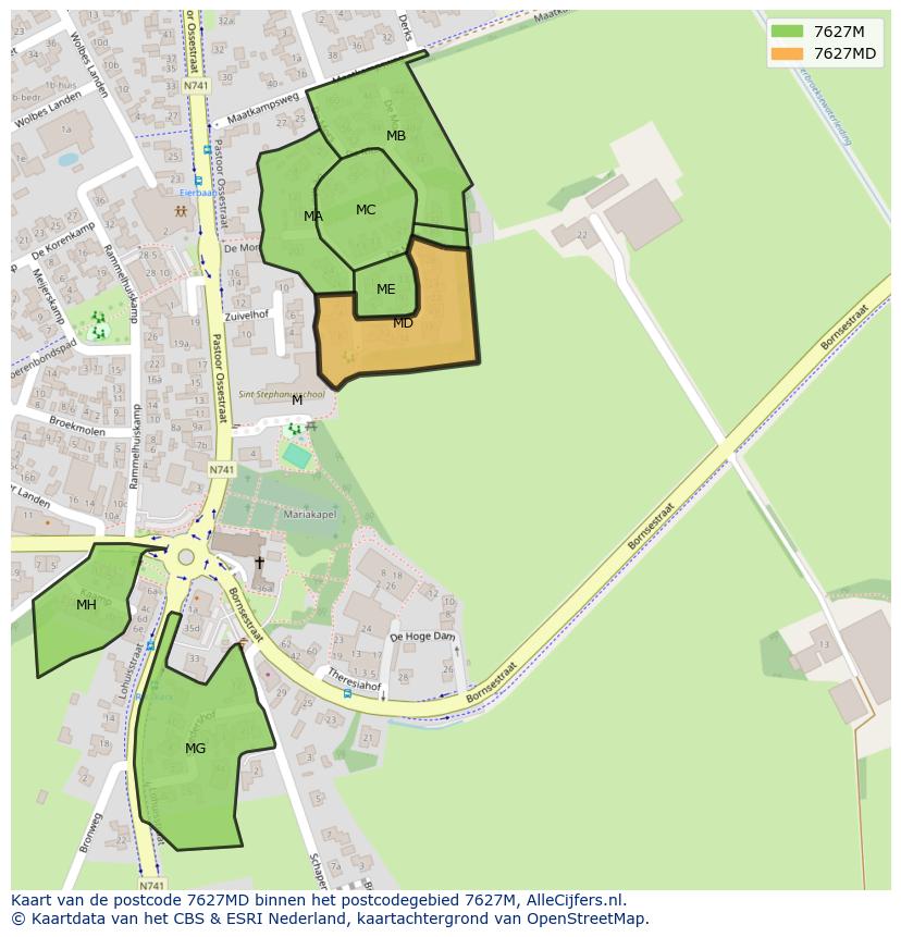 Afbeelding van het postcodegebied 7627 MD op de kaart.