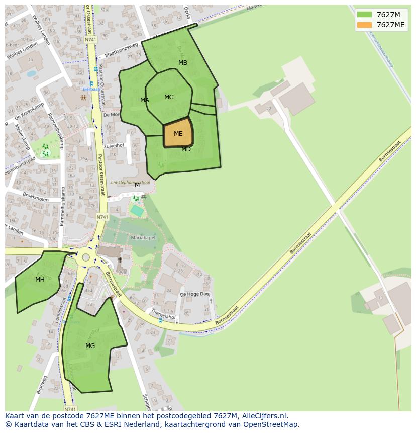 Afbeelding van het postcodegebied 7627 ME op de kaart.