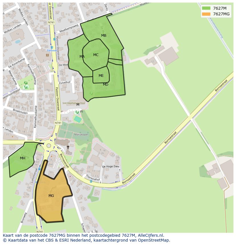 Afbeelding van het postcodegebied 7627 MG op de kaart.