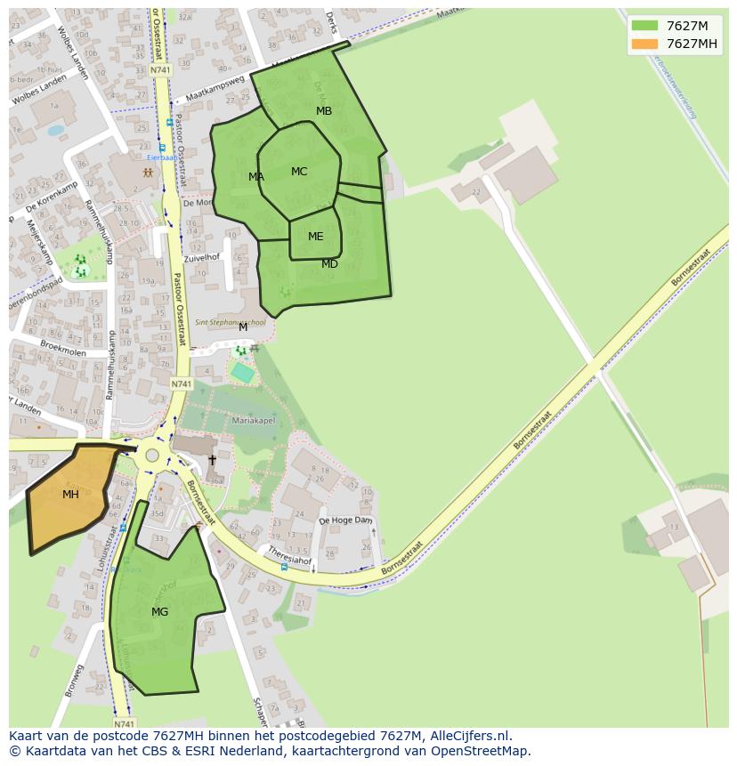 Afbeelding van het postcodegebied 7627 MH op de kaart.