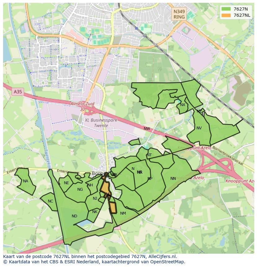 Afbeelding van het postcodegebied 7627 NL op de kaart.