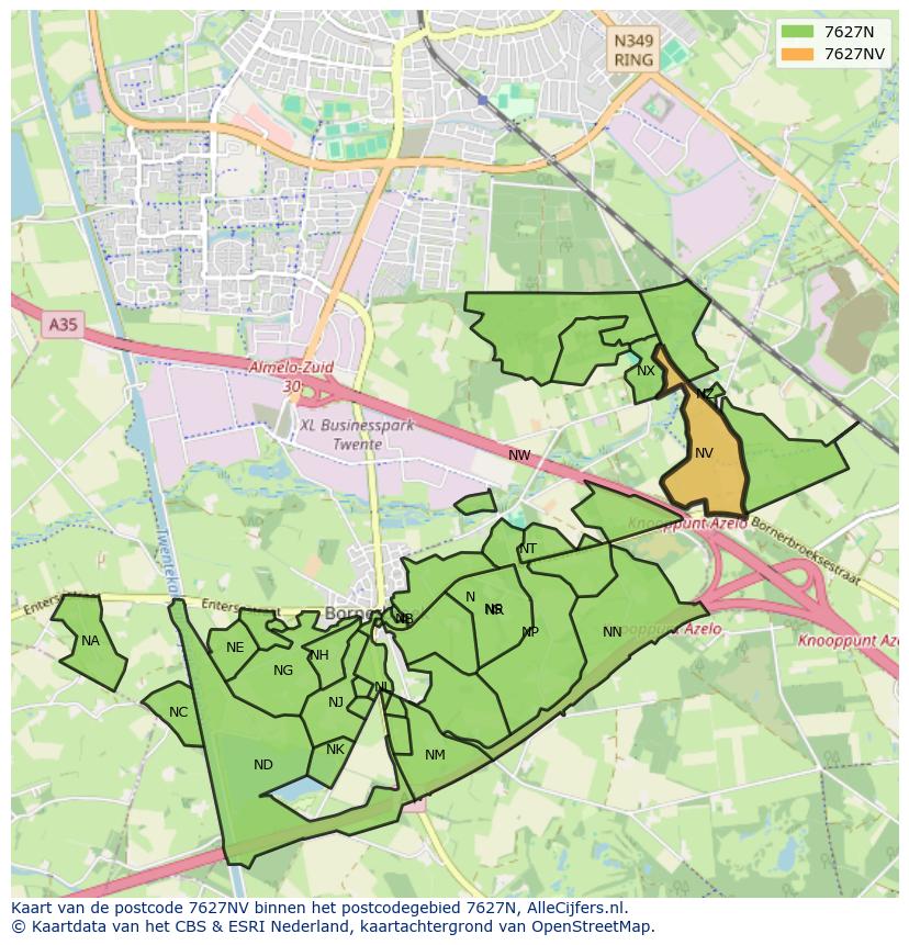Afbeelding van het postcodegebied 7627 NV op de kaart.