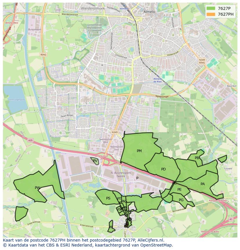 Afbeelding van het postcodegebied 7627 PH op de kaart.