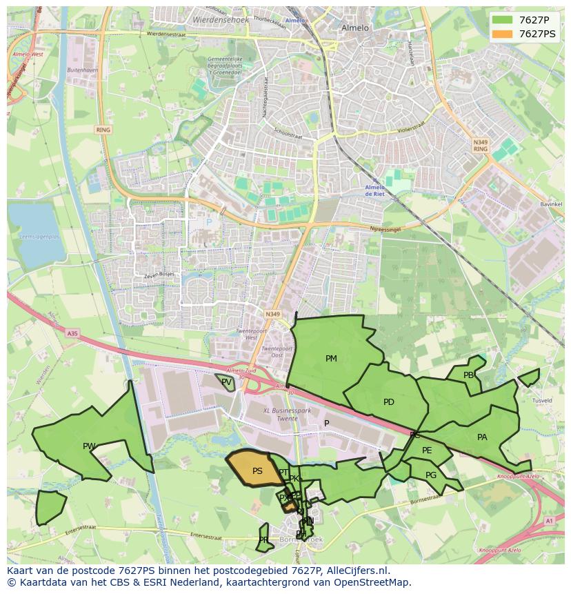 Afbeelding van het postcodegebied 7627 PS op de kaart.