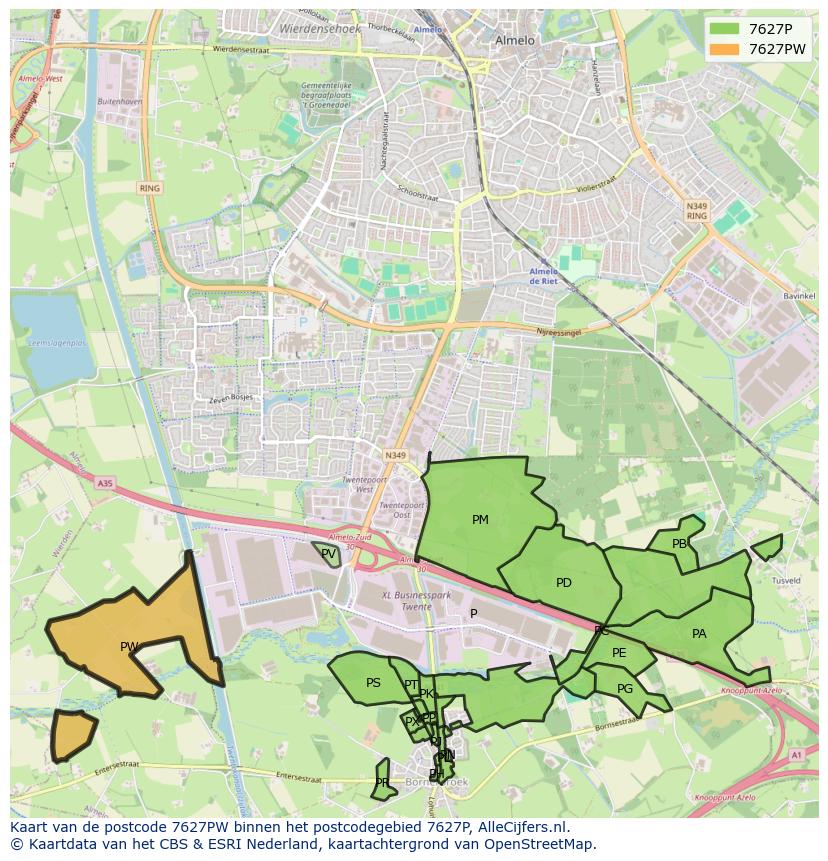 Afbeelding van het postcodegebied 7627 PW op de kaart.