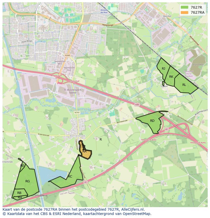 Afbeelding van het postcodegebied 7627 RA op de kaart.