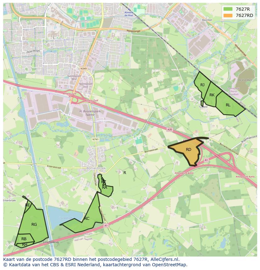 Afbeelding van het postcodegebied 7627 RD op de kaart.