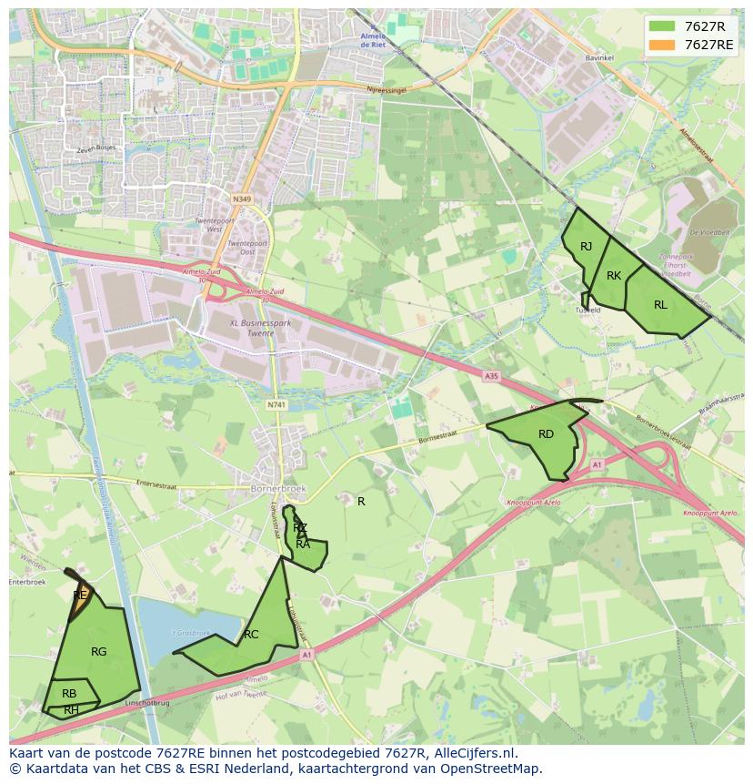 Afbeelding van het postcodegebied 7627 RE op de kaart.