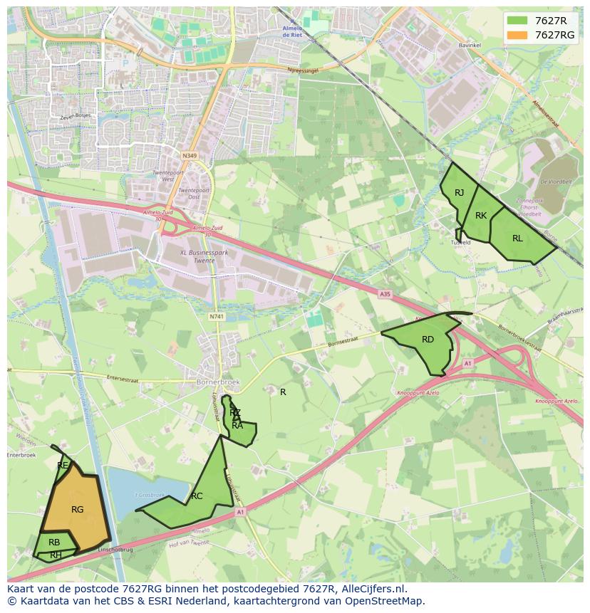 Afbeelding van het postcodegebied 7627 RG op de kaart.