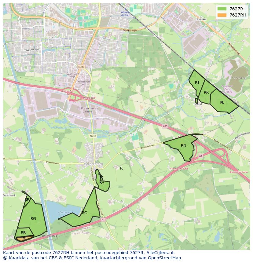 Afbeelding van het postcodegebied 7627 RH op de kaart.