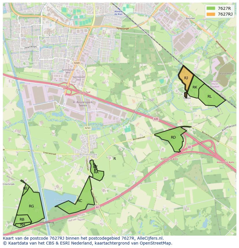 Afbeelding van het postcodegebied 7627 RJ op de kaart.