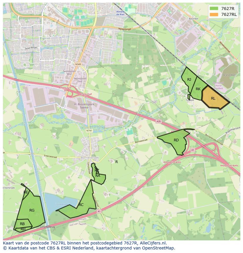 Afbeelding van het postcodegebied 7627 RL op de kaart.