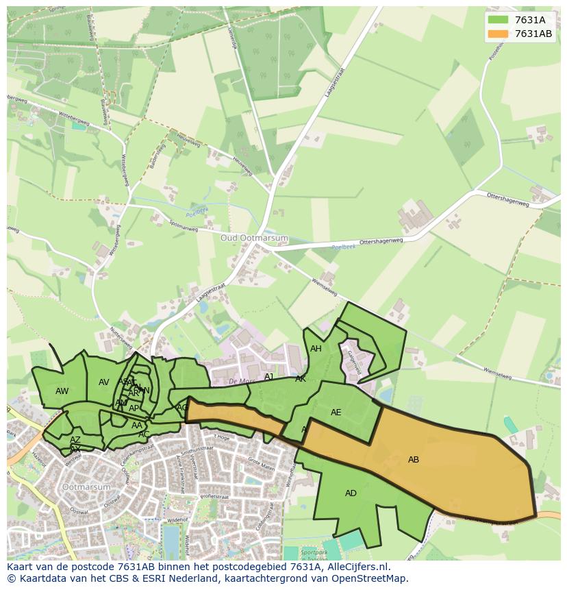 Afbeelding van het postcodegebied 7631 AB op de kaart.