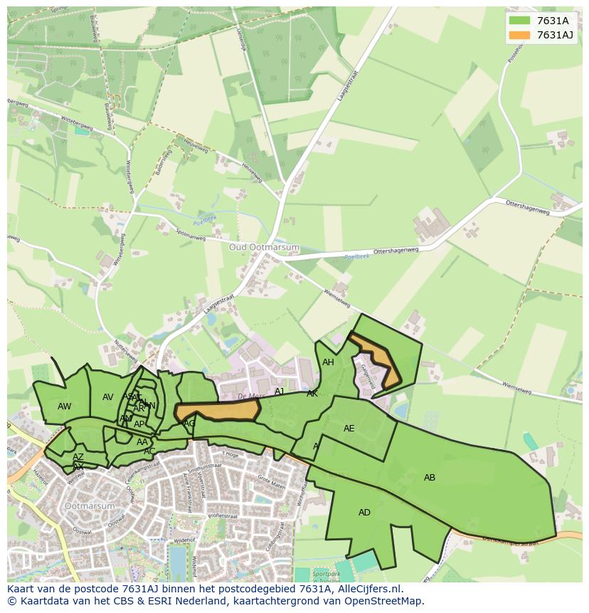 Afbeelding van het postcodegebied 7631 AJ op de kaart.