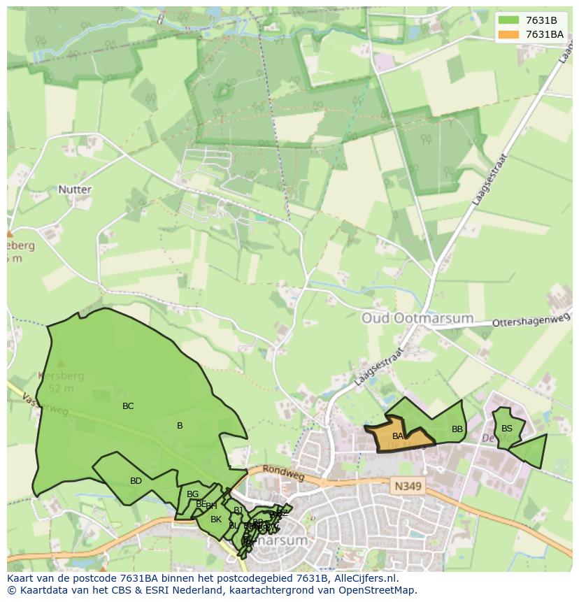 Afbeelding van het postcodegebied 7631 BA op de kaart.
