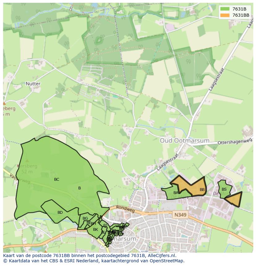 Afbeelding van het postcodegebied 7631 BB op de kaart.