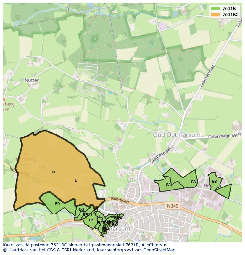 Afbeelding van het postcodegebied 7631 BC op de kaart.