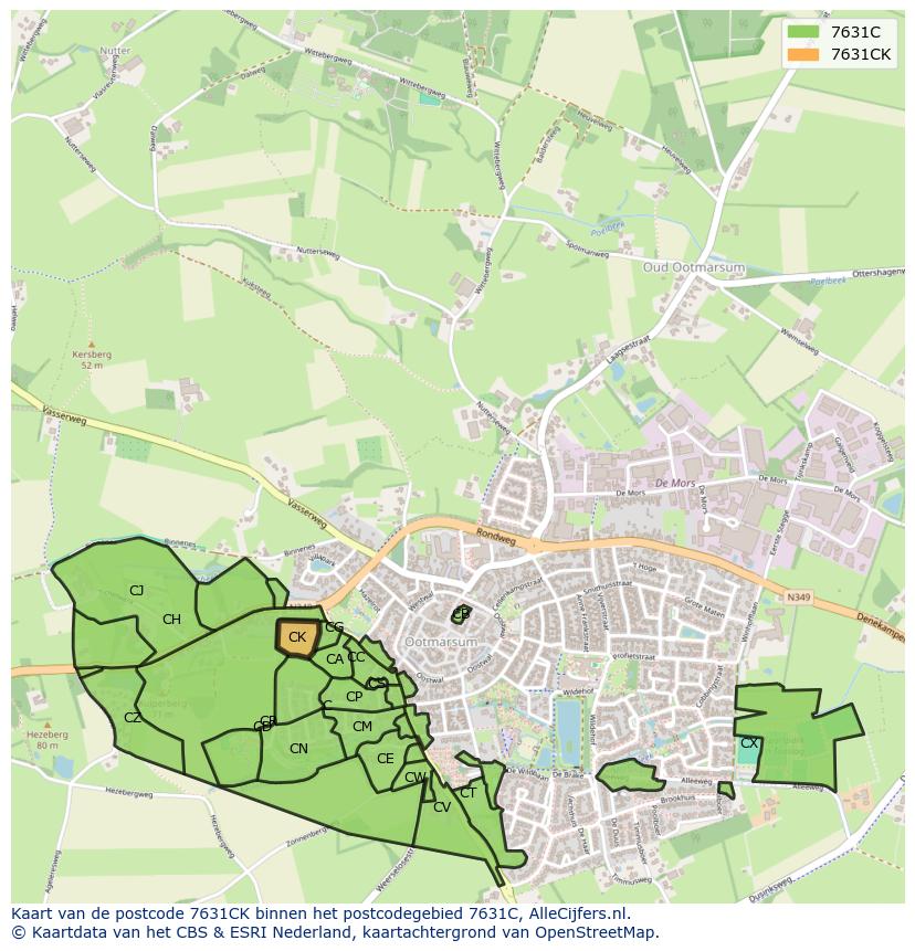 Afbeelding van het postcodegebied 7631 CK op de kaart.