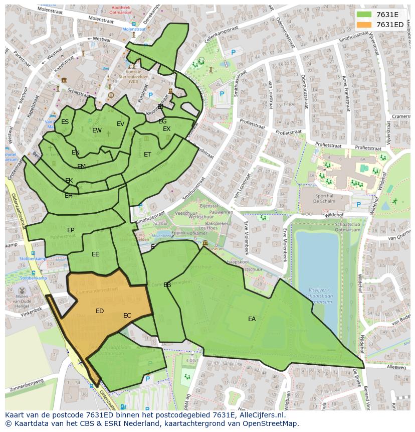 Afbeelding van het postcodegebied 7631 ED op de kaart.