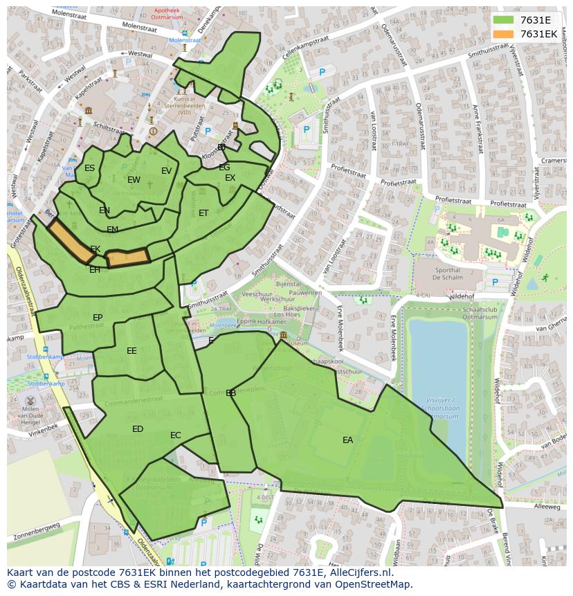 Afbeelding van het postcodegebied 7631 EK op de kaart.